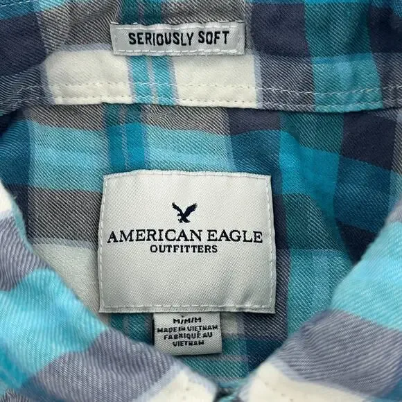 American Eagle Mens M Button Up Flannel Shirt Purple Blue Plaid Seriously Soft - Picture 5 of 10